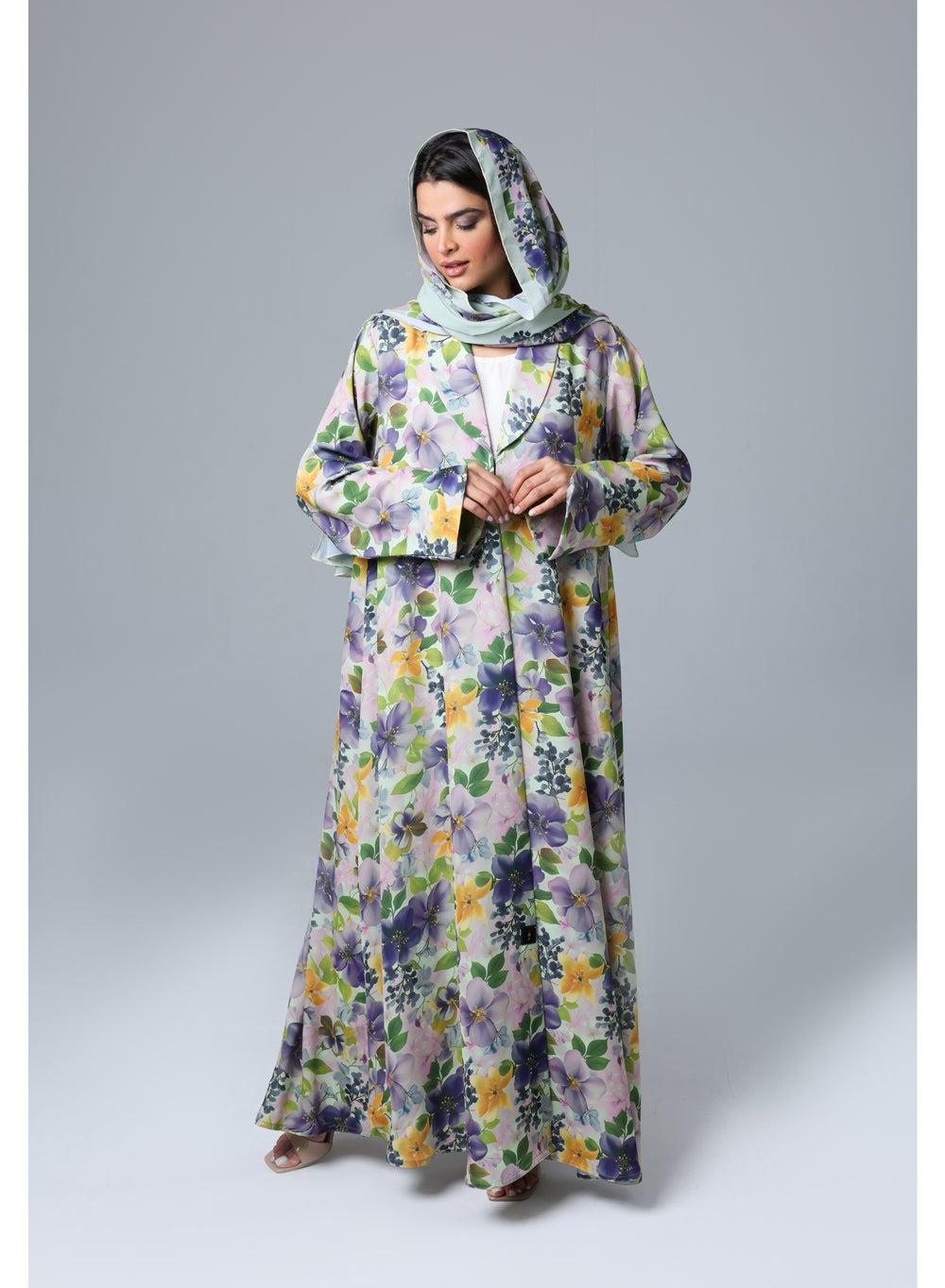 Blazer Neck Floral Printed Abaya Elegance - Image 1