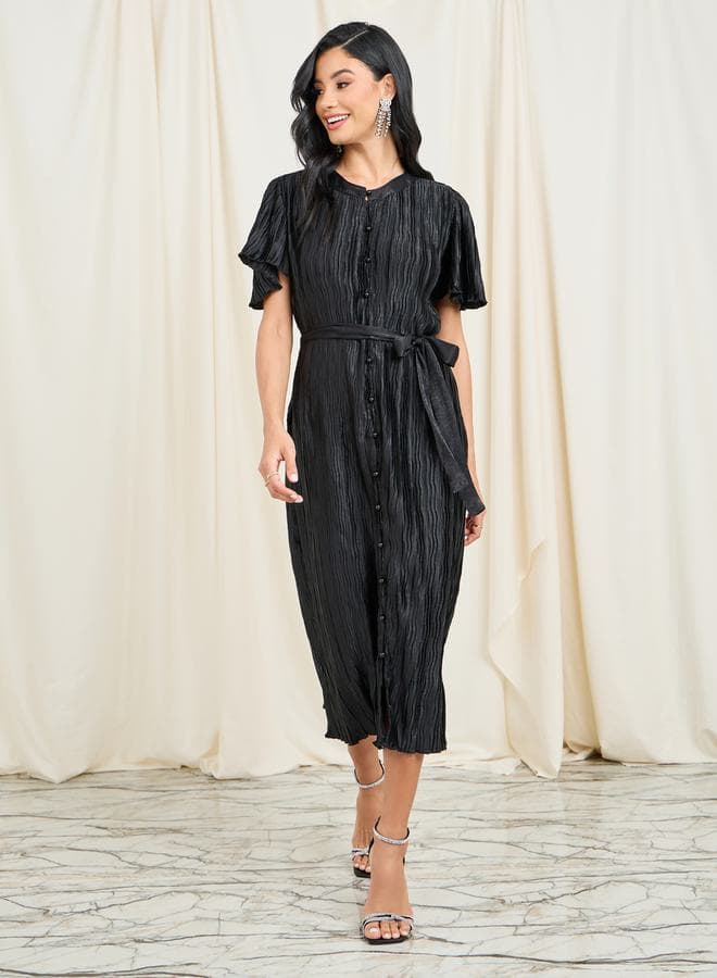 Styli Plisse Button Detail Black Midi Dress - Image 1