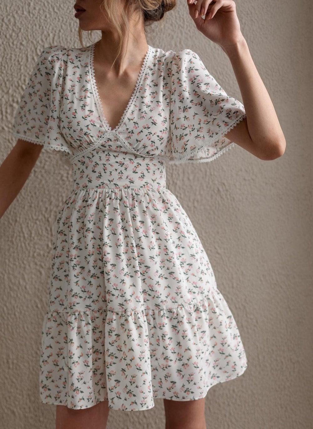 White Floral Mini Dress with Broderie Anglaise Trim - Image 1
