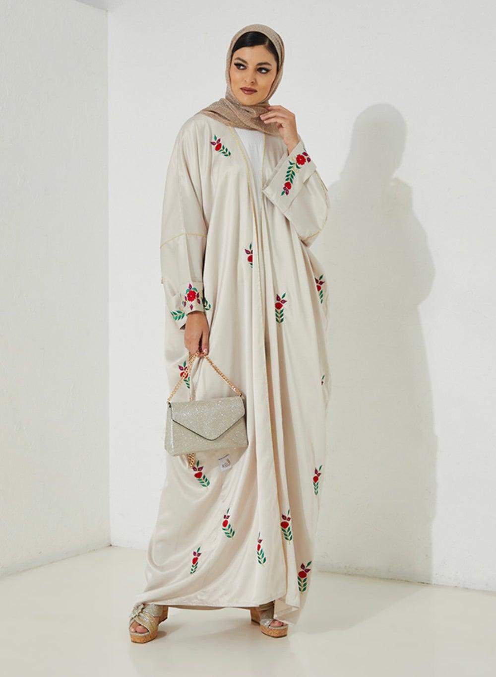 White Floral Bisht with Red Accents Tall Fit - Image 1