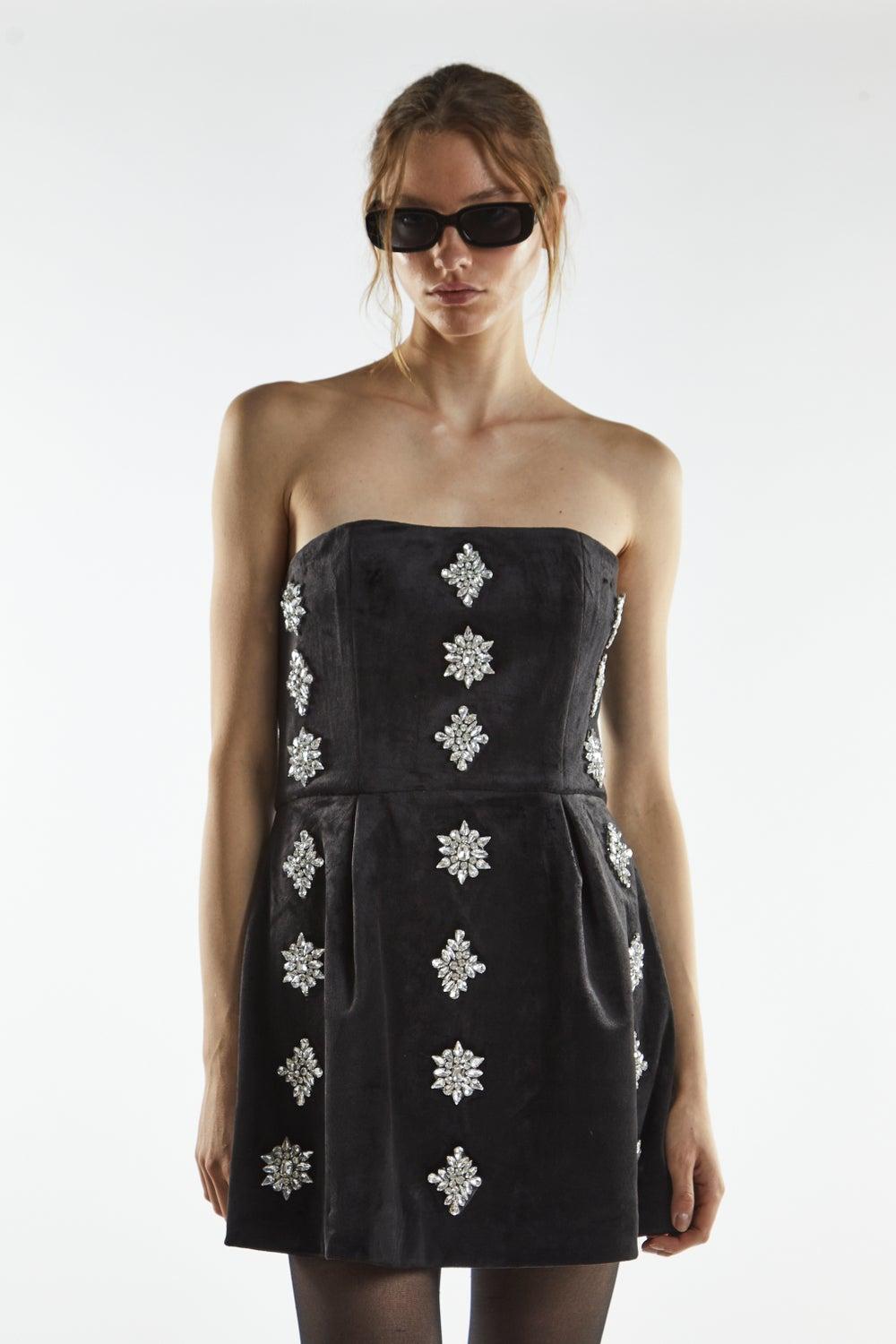 Black Bardot Mini Dress with Embellished Brooch Gc1189 - Image 1