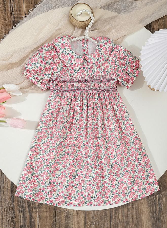 Girls Pink Floral Peter Pan Collar Midi Dress - Image 1