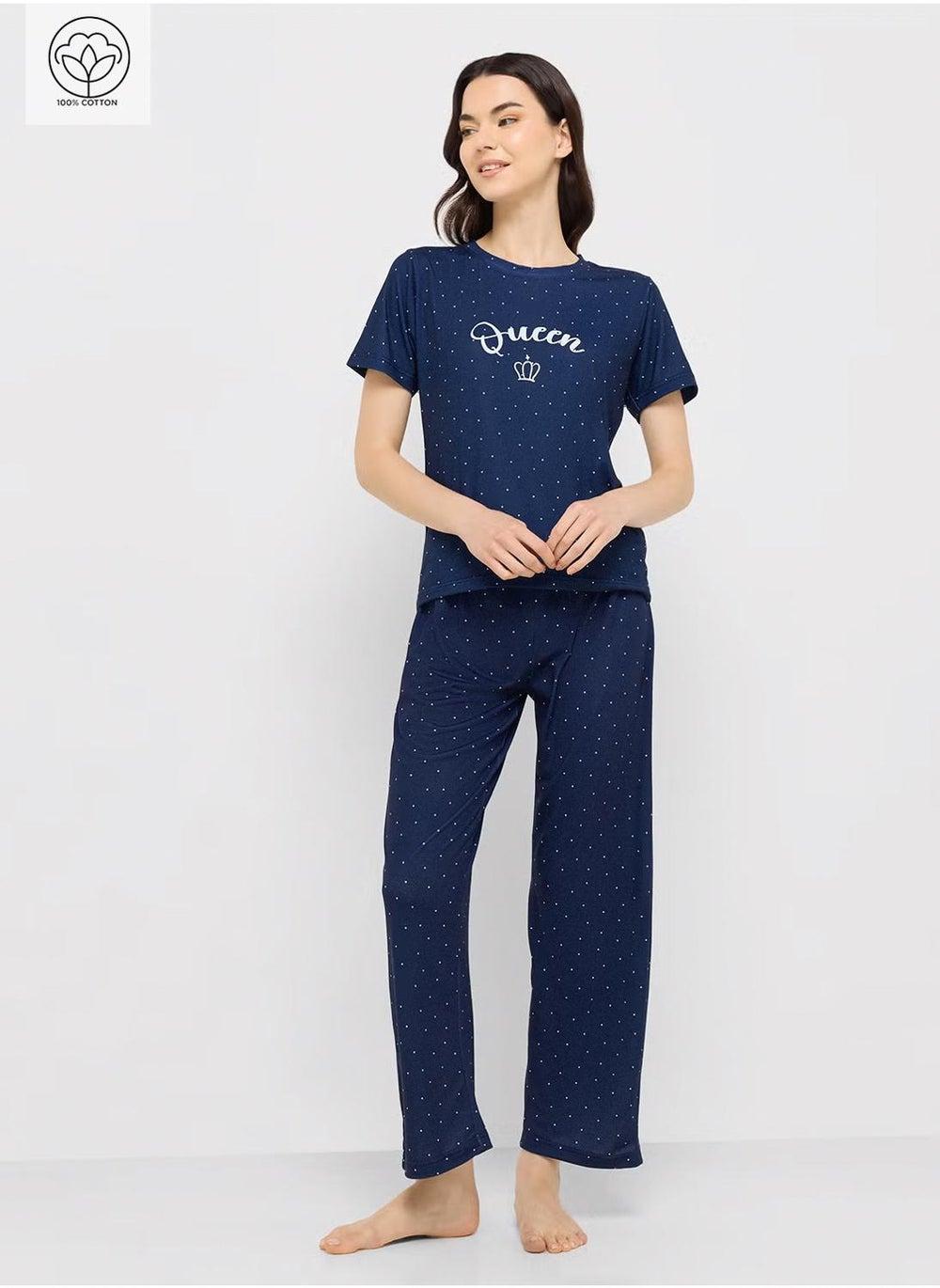 Navy Cotton Graphic T-Shirt Pyjama Set Ta Nwear14 - Image 1