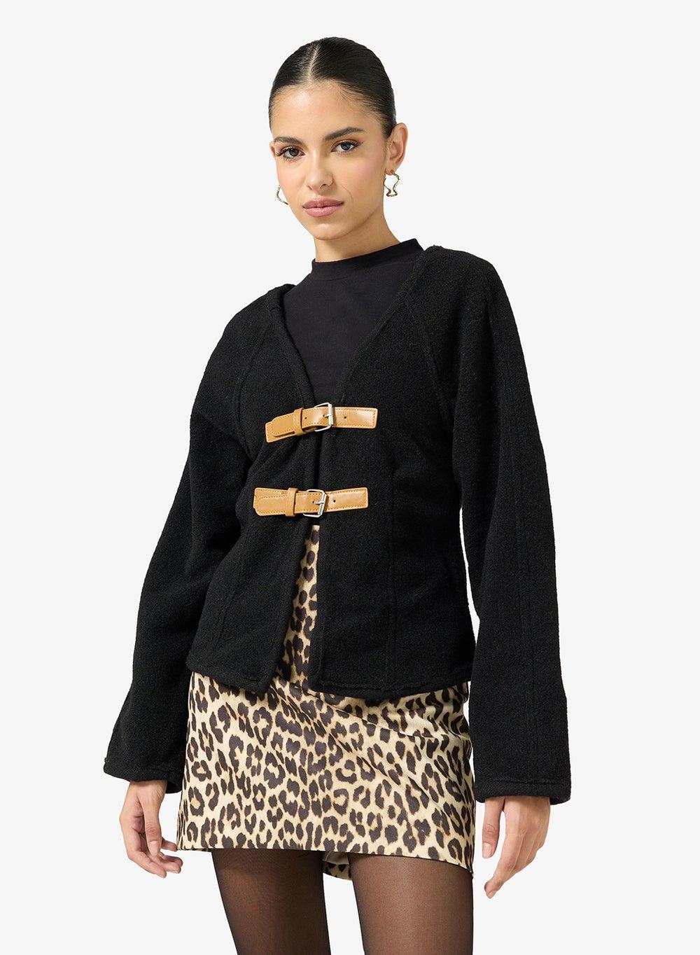 Black Structured Longline Jacket with Buckle Detail 25061206 - Image 1