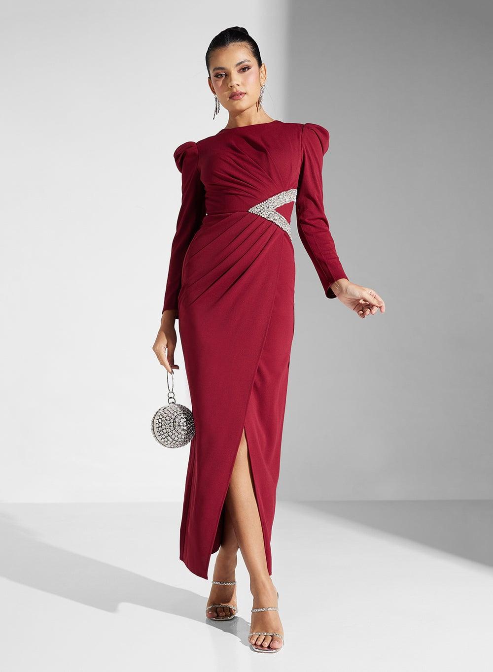 Wine Red Draped Embellished Evening Dress - Image 1
