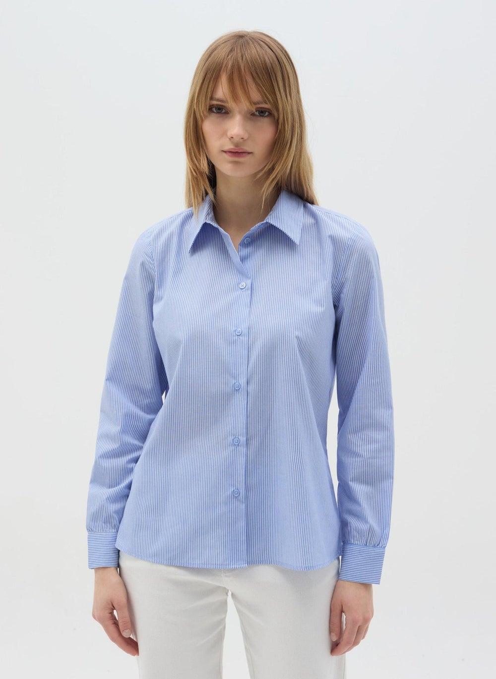 Blue-Striped Cotton Blend Shirt with Bluff Collar - Image 1
