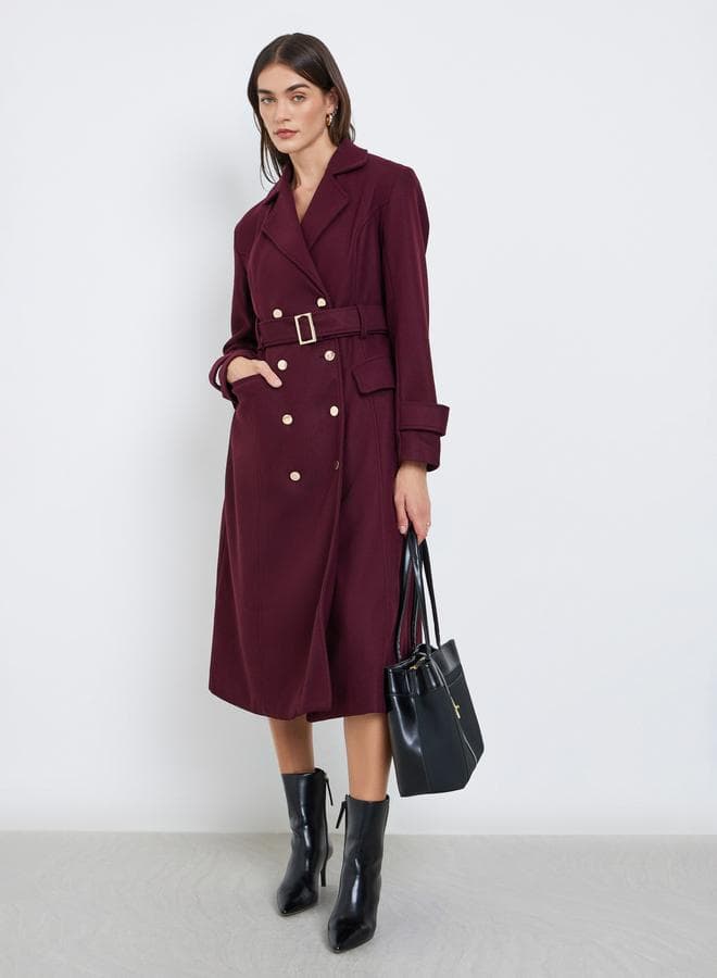 Burgundy Double-Breasted Knee-Length Classic Coat - Image 1