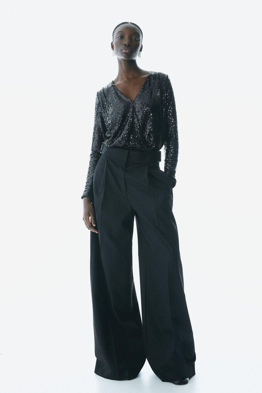Black Sequined V-Neck Wrap Bodysuit - Image 1