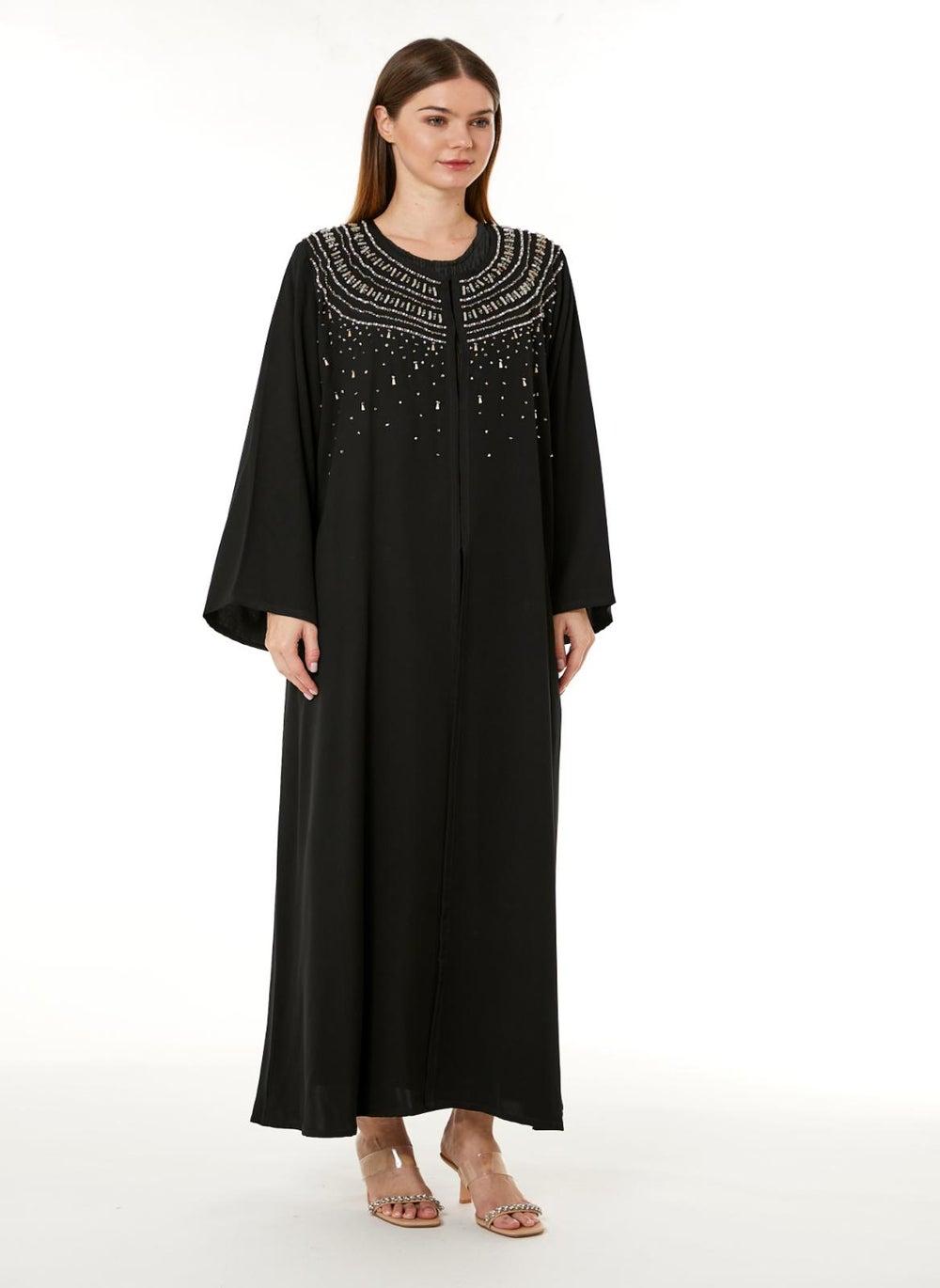 Black Korean Nida Embellished Abaya with Scarf - Image 1
