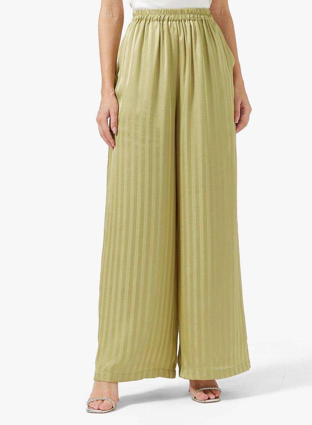 Olive Satin Wide-Leg Pants – Luxe Gloss Finish - Image 1
