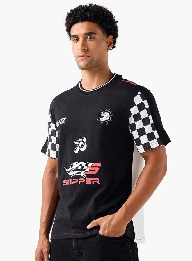 Men’s Black Racing Print Crew Neck T-Shirt - Image 1