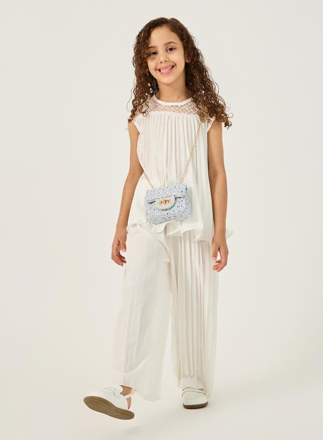 Girls White Floral Lace Pleated Top Pants Set 2112225036 - Image 1