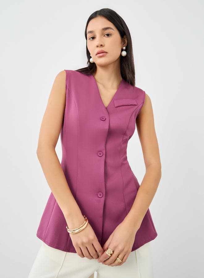 Burgundy Solid V-Neck Sleeveless Waistcoat Top - Image 1