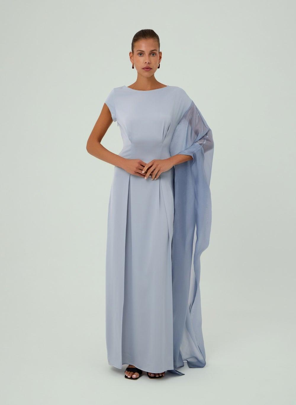 Saher Ice Blue Asymmetrical Chiffon Kaftan Gown - Image 1