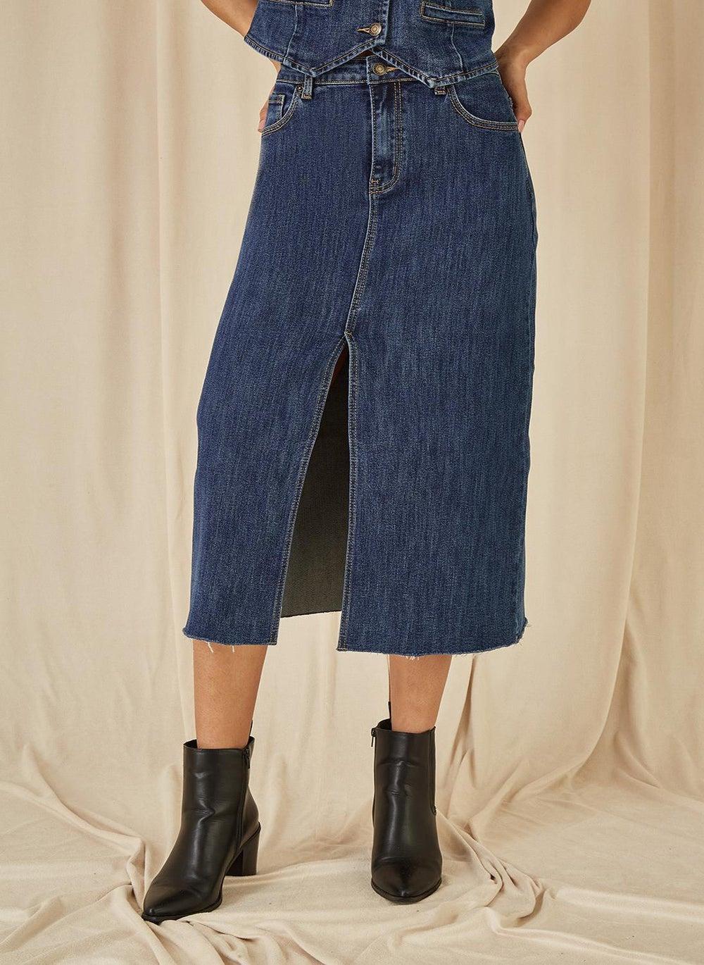 Black Stretch Denim Midi Skirt with Front Split - Image 1