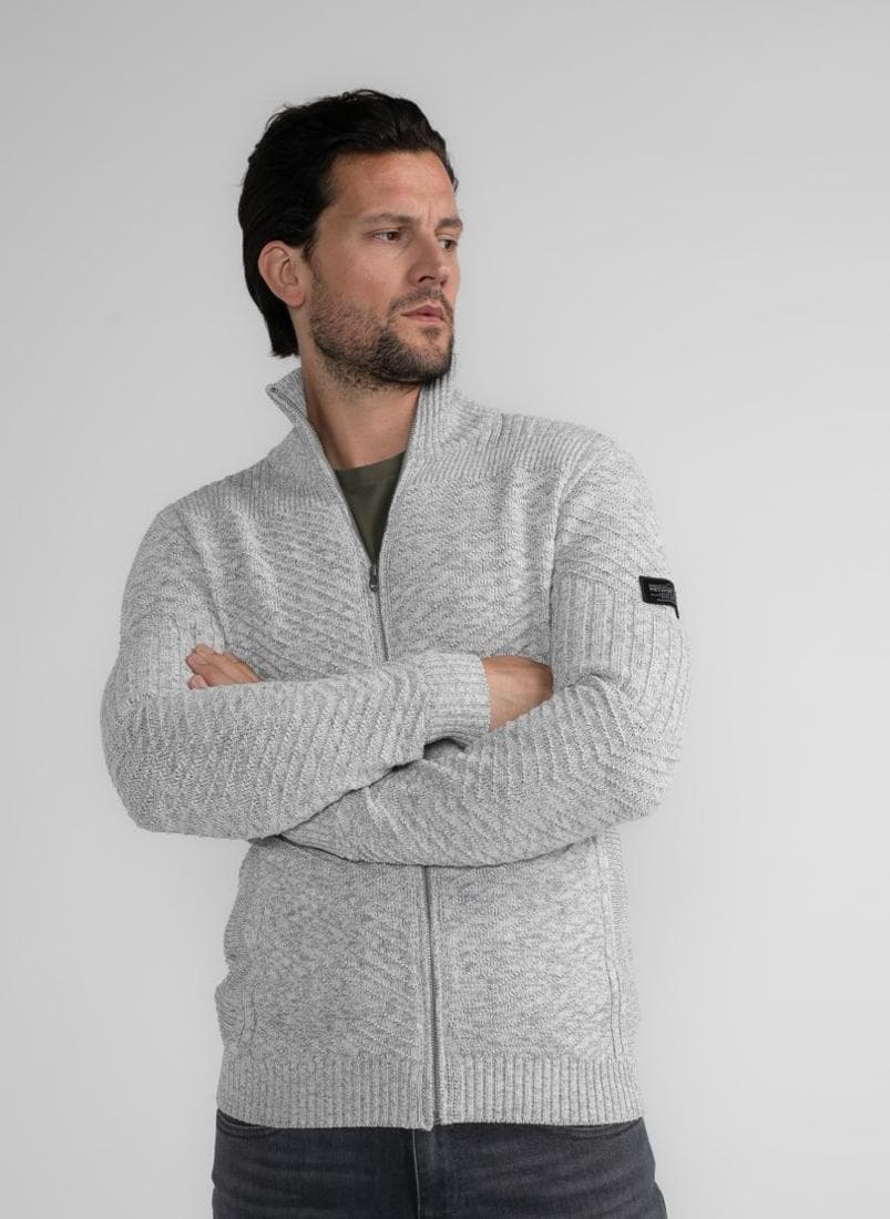 Antique White Melee Knit Zip Collar Cardigan - Image 1