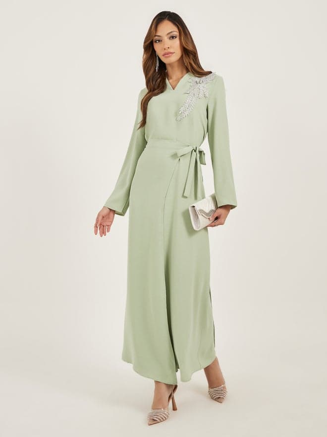 Green Lace Detail V-Neck Wrap Jalabiya - Image 1
