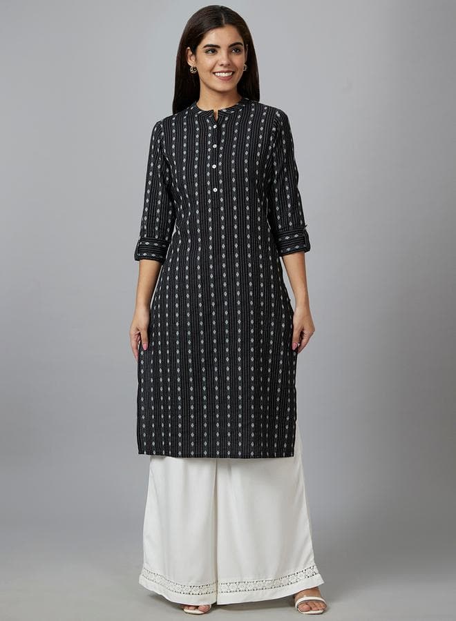 Printed Mandarin Collar Cotton Kurta – Black Festive Style - Image 1