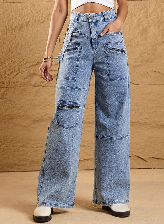 Light Blue High-Rise Cargo Jeans Wide-Leg Stretch - Image 1