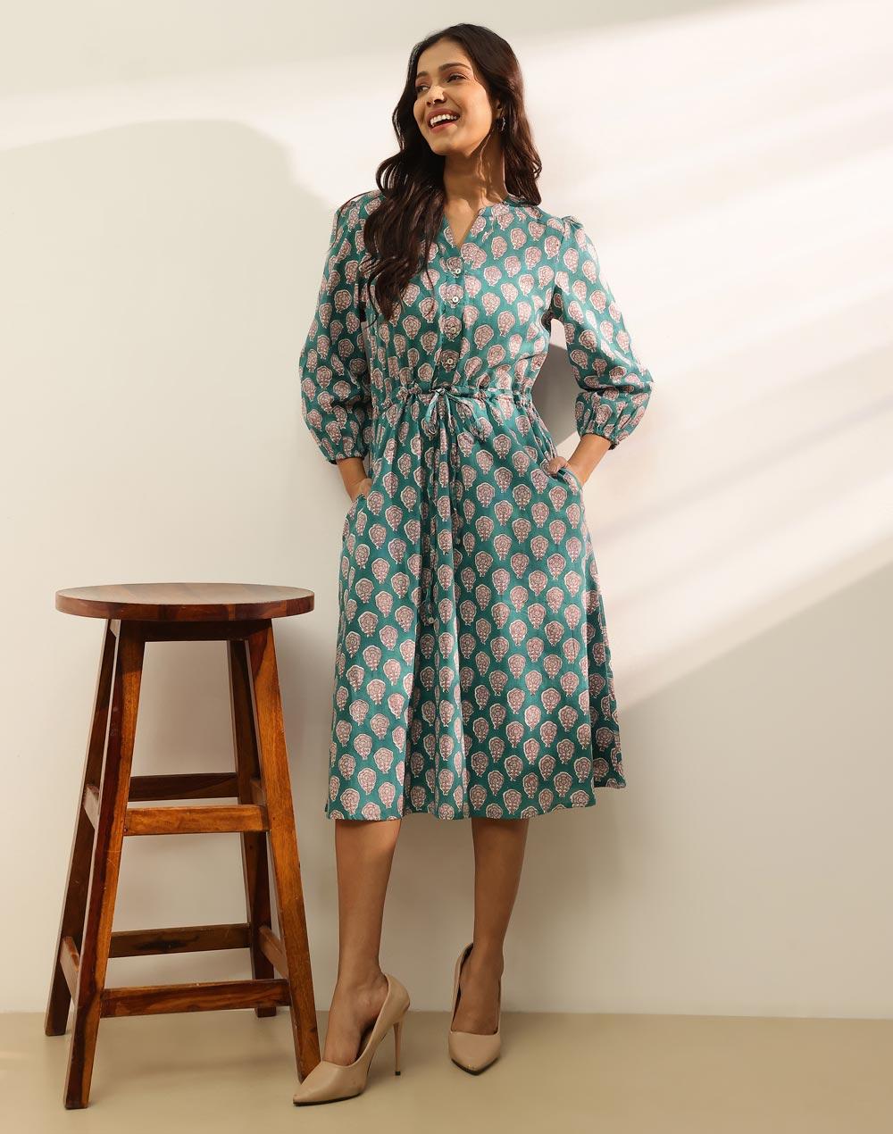 Teal Floral Printed Cotton Midi Dress with Belt - Image 1