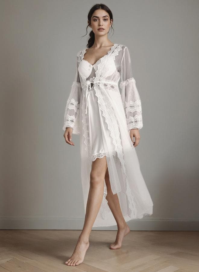 Lace Panel Bridal Night Dress & Robe Set - Image 1