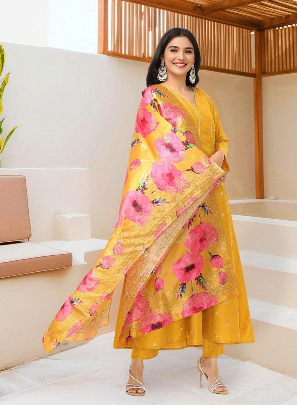 Yellow Embellished Straight Fit Kurta Set for Women - Image 1