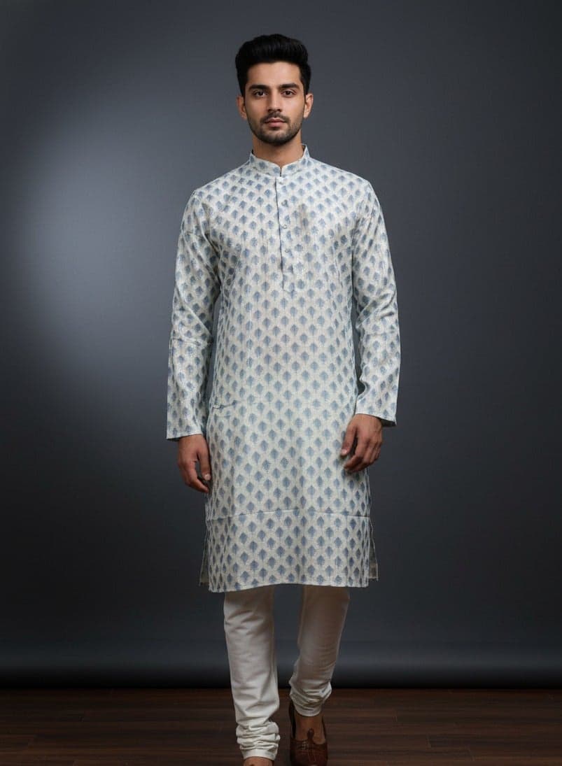 Ivory Blue Printed Silk Kurta Set for Men - Image 1