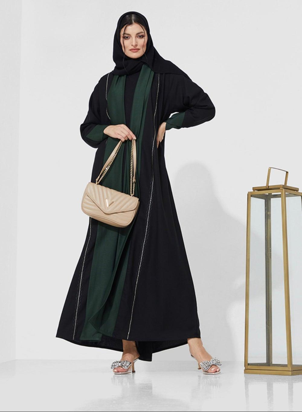 Green Open Abaya with White Embroidery Gcc Midi - Image 1