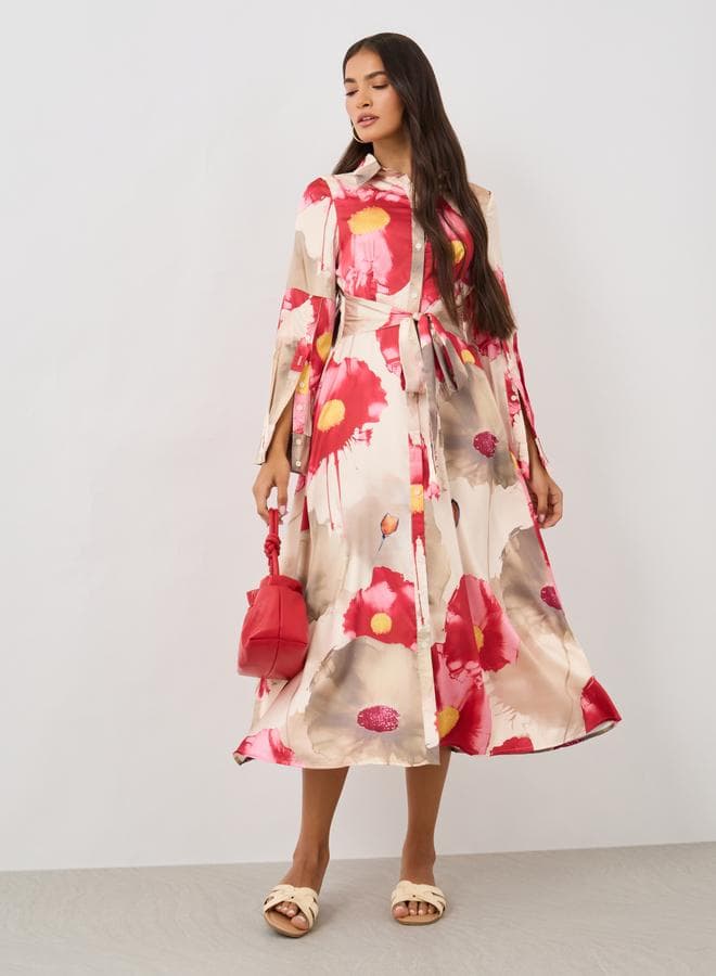 Beige Floral Midi Shirt Dress with Tie Waist - Image 1