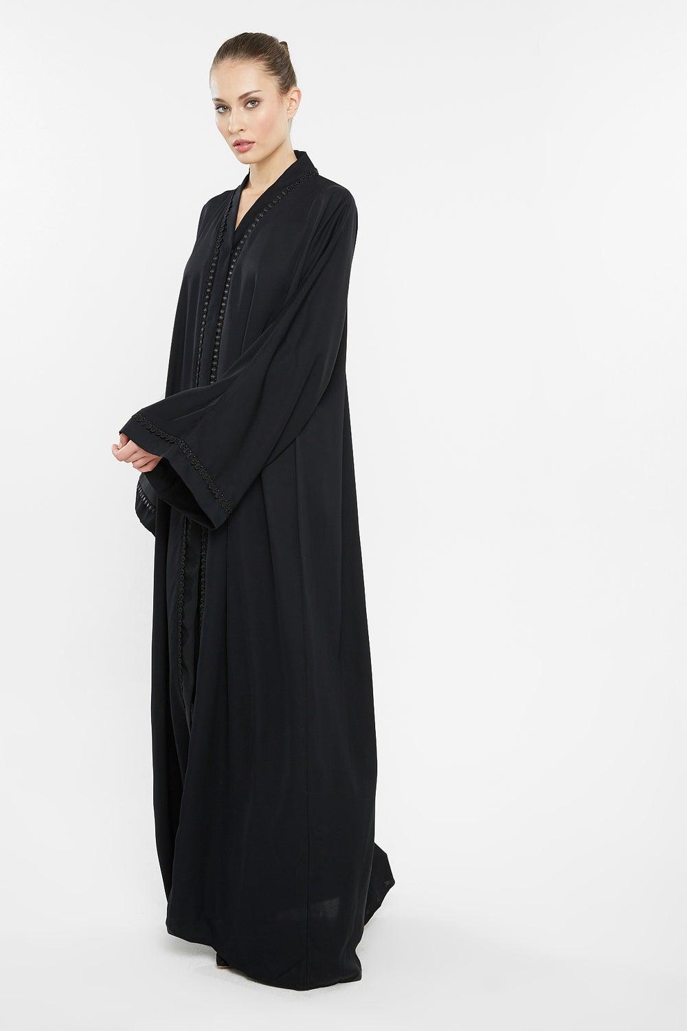 Black Ringed Lace Abaya AJ86A Premium Nida - Image 1