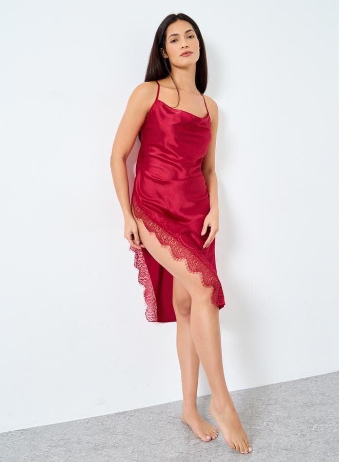 Take Two Burgundy Lace Trim Cowl Neck Slip Dress - Image 1