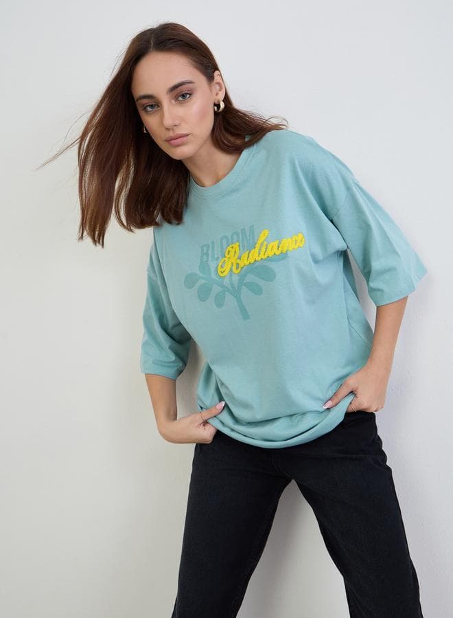 Blue Typography Oversized T-Shirt with Boucle Detail - Image 1
