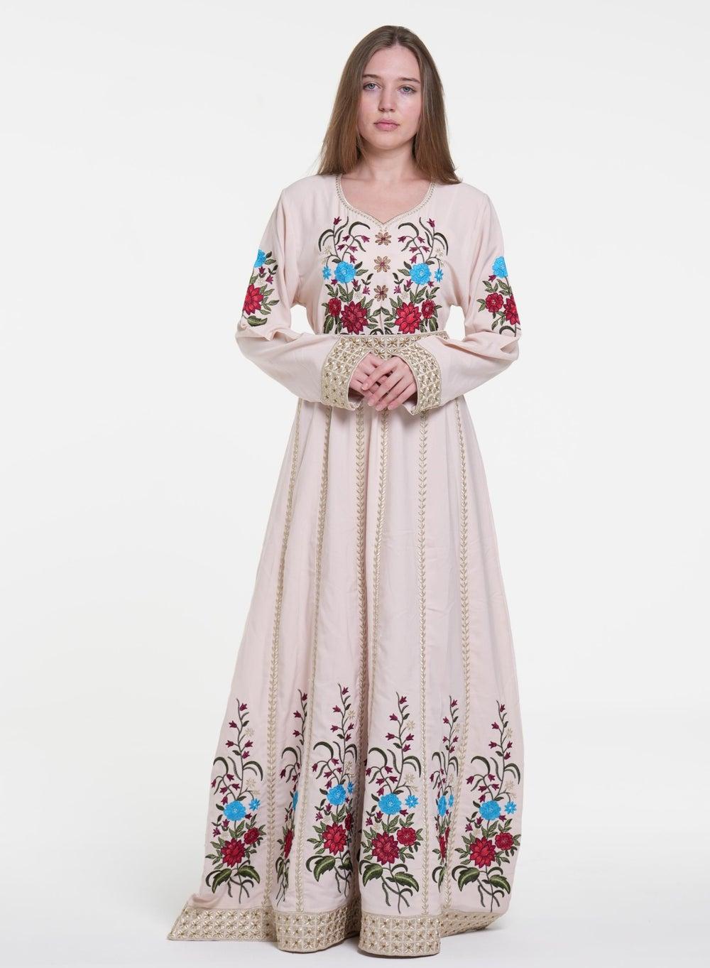 Beige Embroidered Jalabiya Dress with Belt - Image 1
