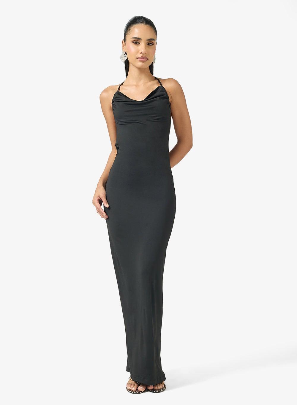 Black Satin Maxi Slip Dress Y250608047 - Image 1