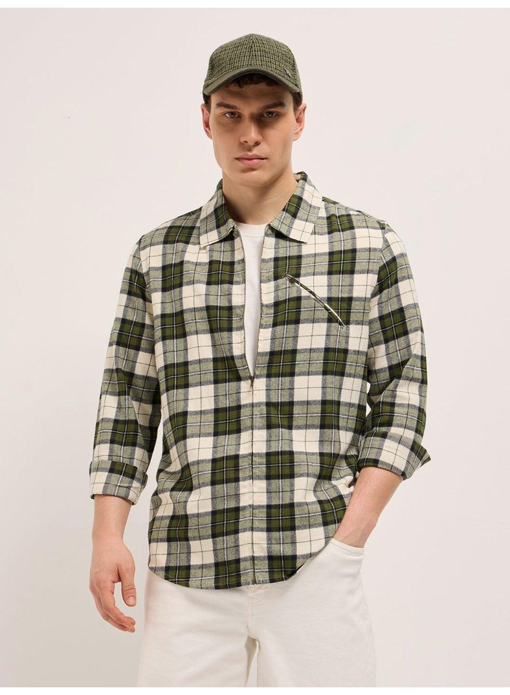 Men’s Olive Checkered Cotton Long Sleeve Shirt - Image 1