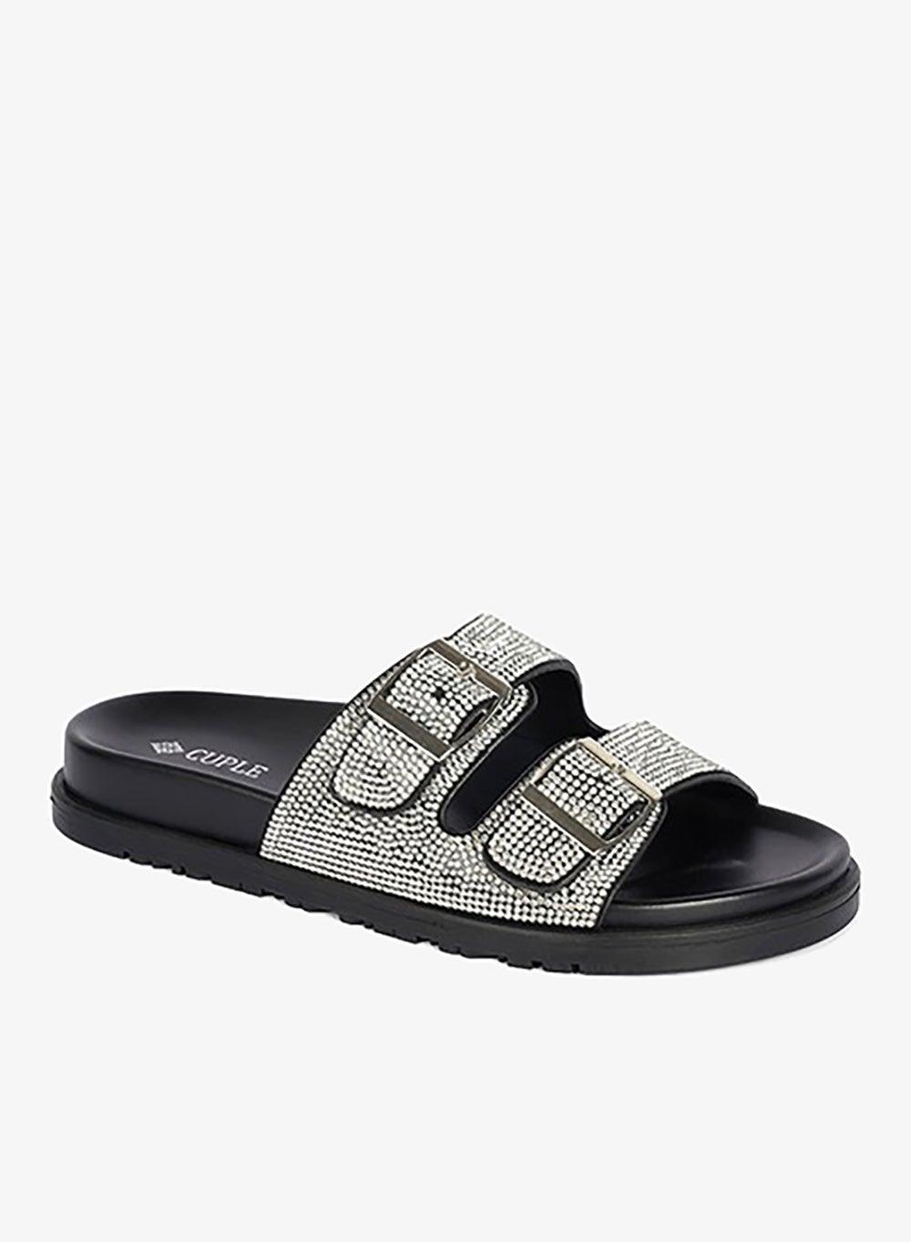 Crystal Embellished Flat Flip Flop Silver Buckle Slides - Image 1