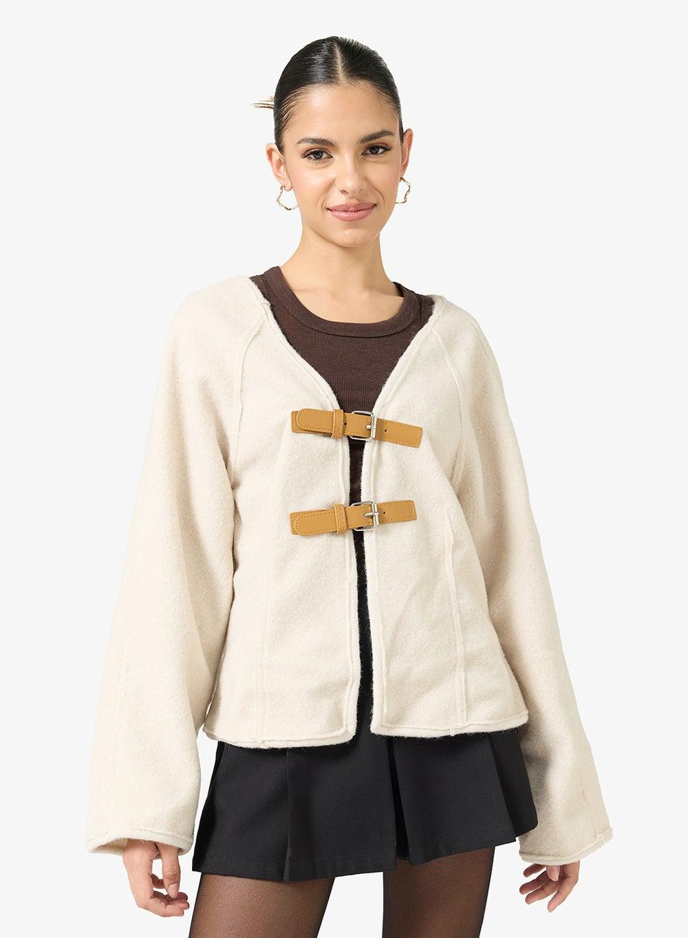 White Structured Longline Jacket 25061203 with Buckle Accent - Image 1
