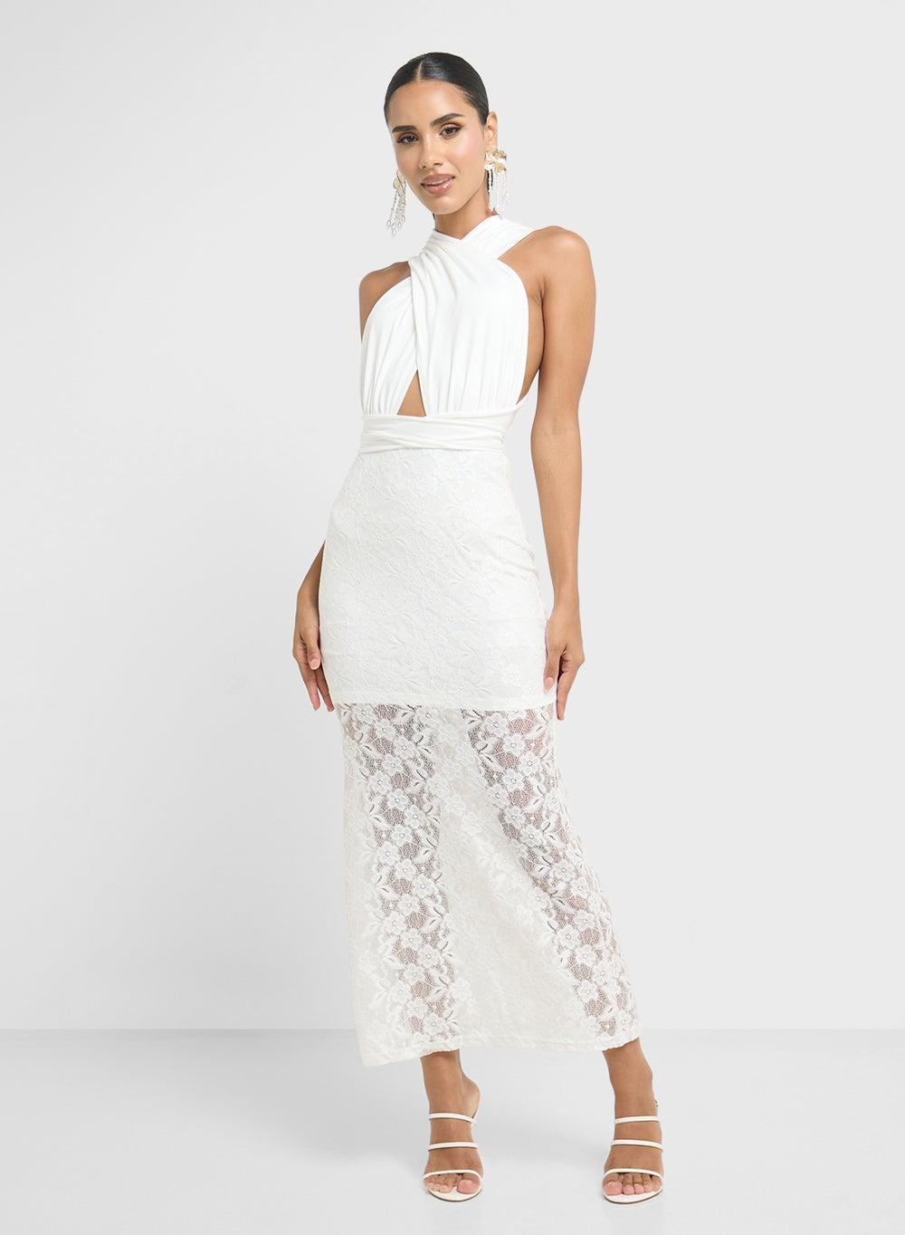 Ivory Cross Neck Lace Bodycon Maxi Dress Ly26331 - Image 1