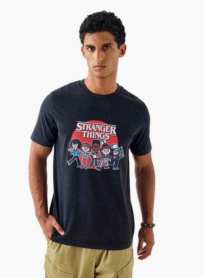 Stranger Things Black Cotton Crew Neck T-Shirt - Image 1