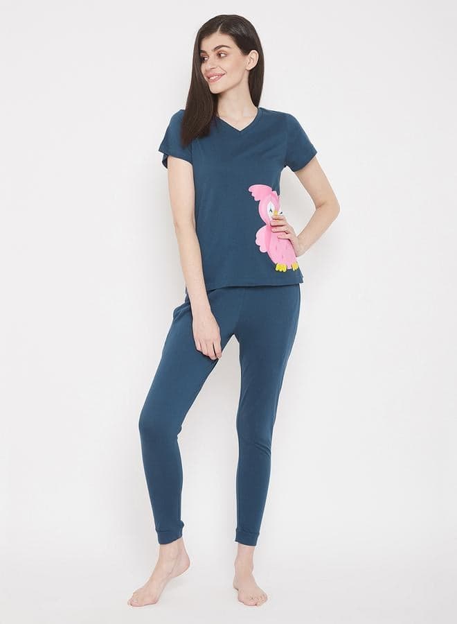Clovia Owl Print Navy Blue Nightwear Set - Image 1