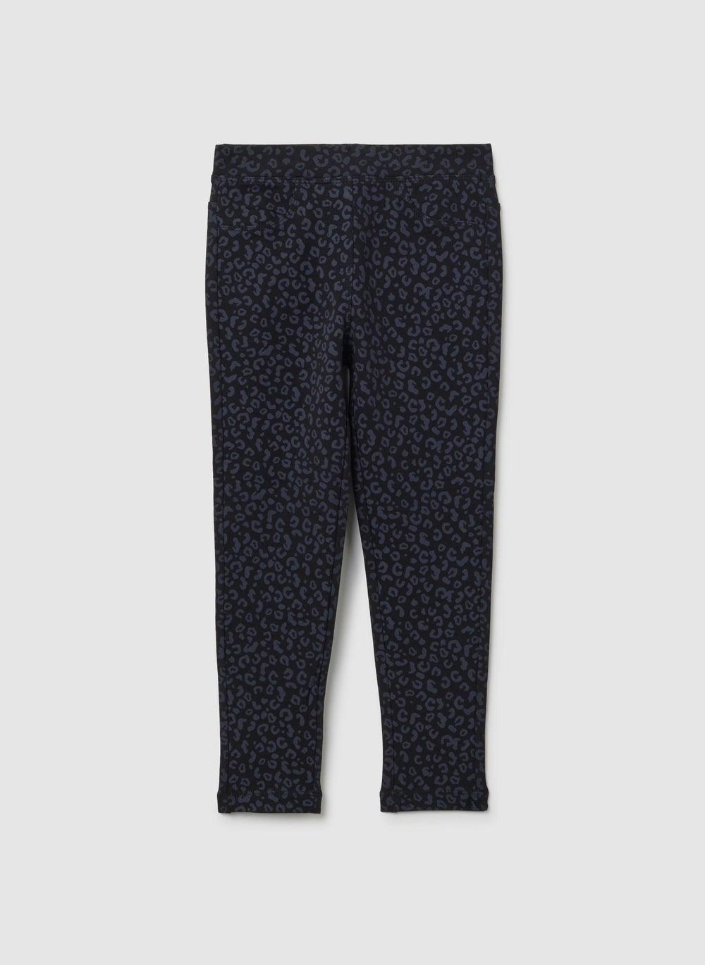 Girls’ Black Slim Fit Cotton Treggings Leopard Detail - Image 1