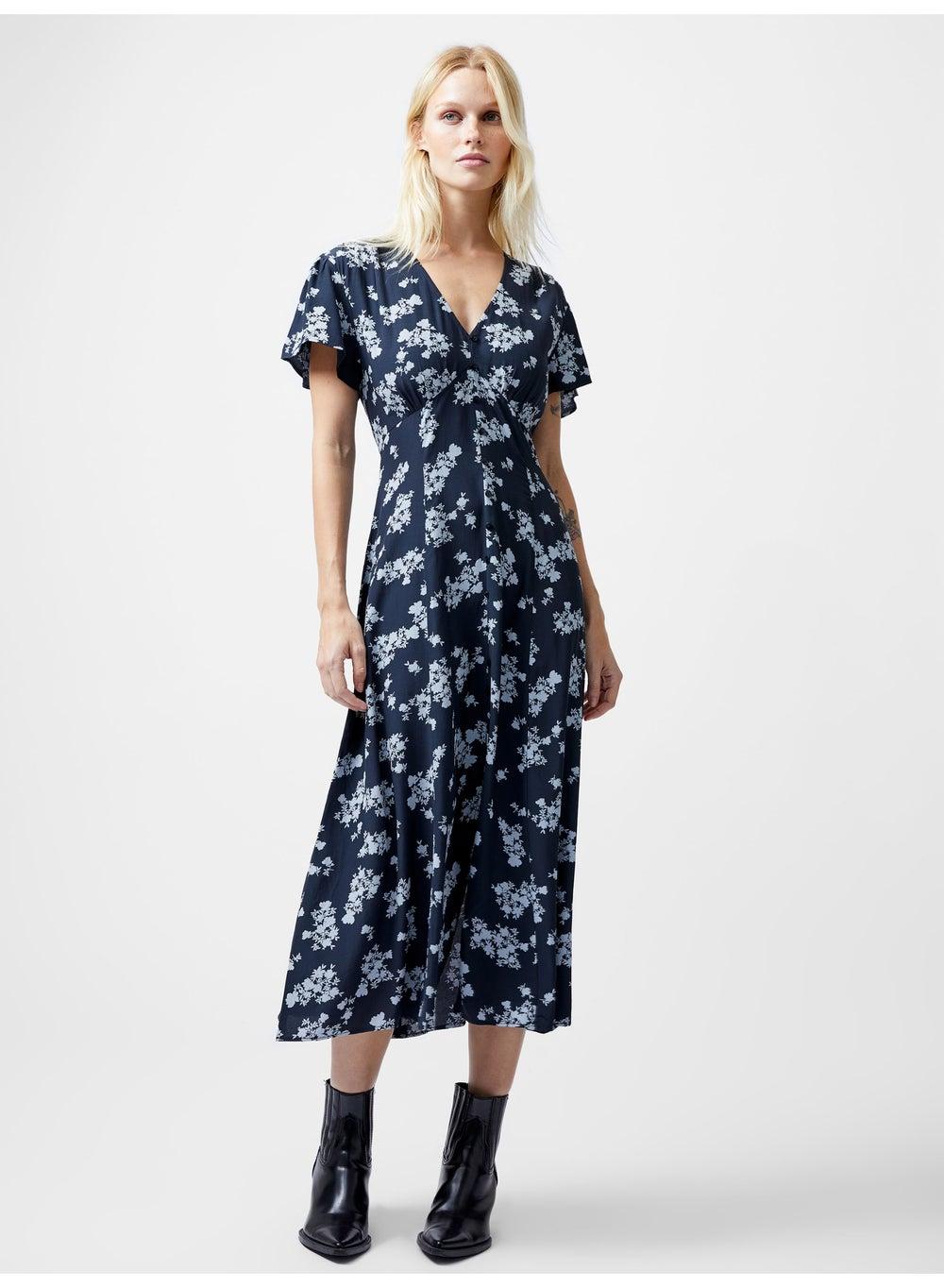 Navy Floral Viscose Midi Dress with Flutter Sleeves - Image 1