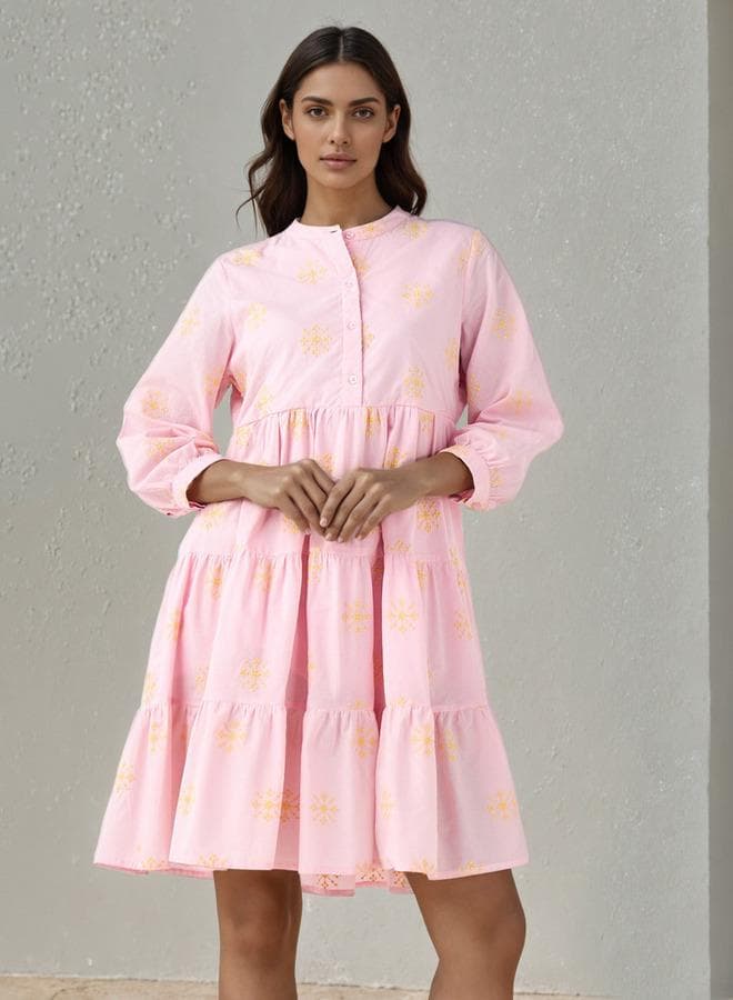 Pink Embroidered Tiered Maxi Dress with Mandarin Collar - Image 1