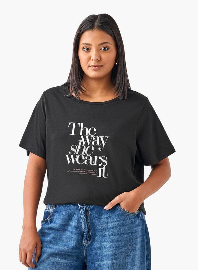 Ulla Popken Plus Size Slogan Cotton T-Shirt Black - Image 1