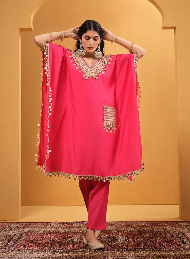 Pink Roman Silk Embellished A-Line Kaftan Kurta Set - Image 1
