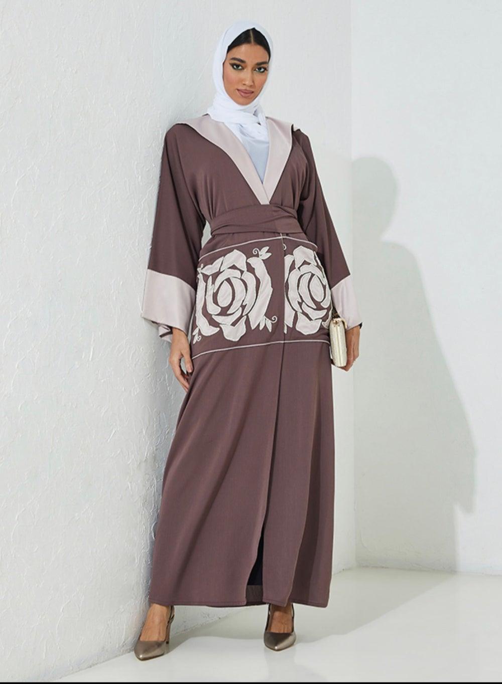 Purple Rose Embroidered Abaya with Wide Sleeves - Image 1