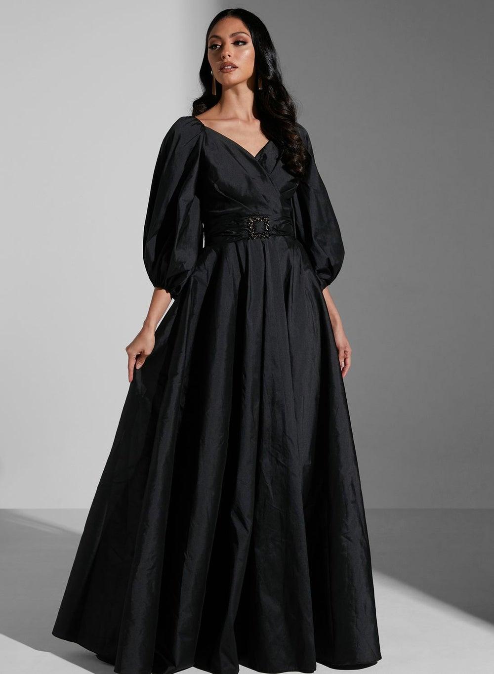 Kh227 Black Balloon Sleeve Maxi Evening Dress - Image 1