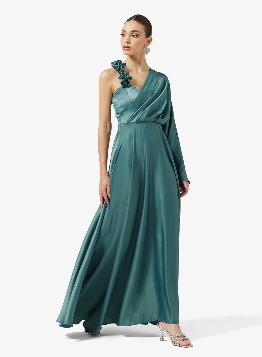Teal One-Shoulder Maxi Evening Dress Ma0503135 - Image 1