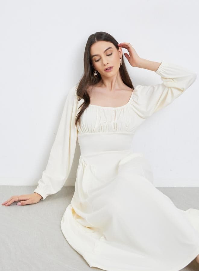Take Two Beige Balloon Sleeve Midi Dress - Image 1