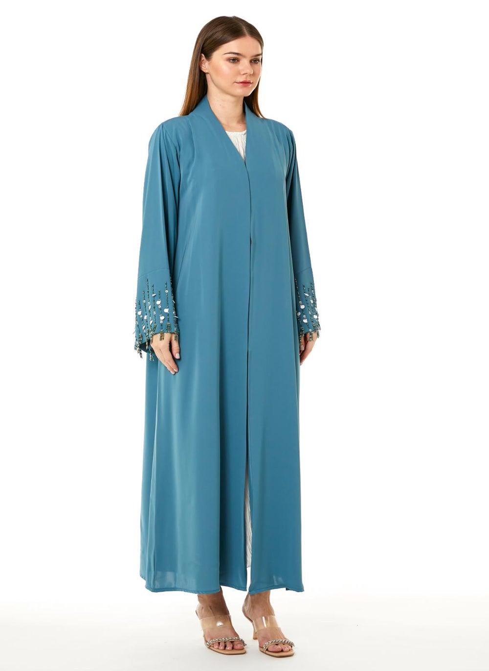 Blue Linen Embroidered Abaya with Matching Scarf - Image 1